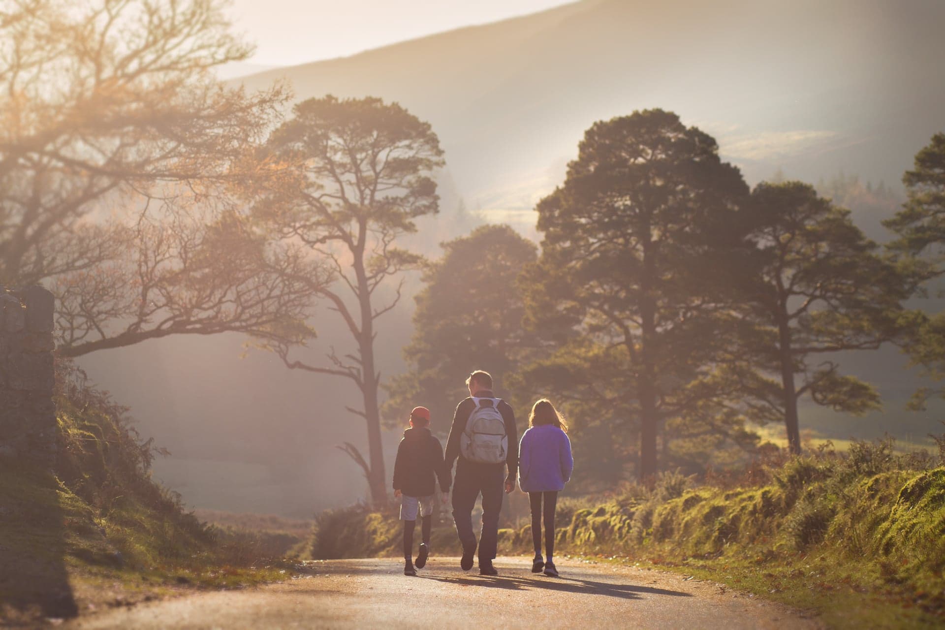 A warm Irish landscape at golden hour with a family walking together, representing remembrance and in-memory giving